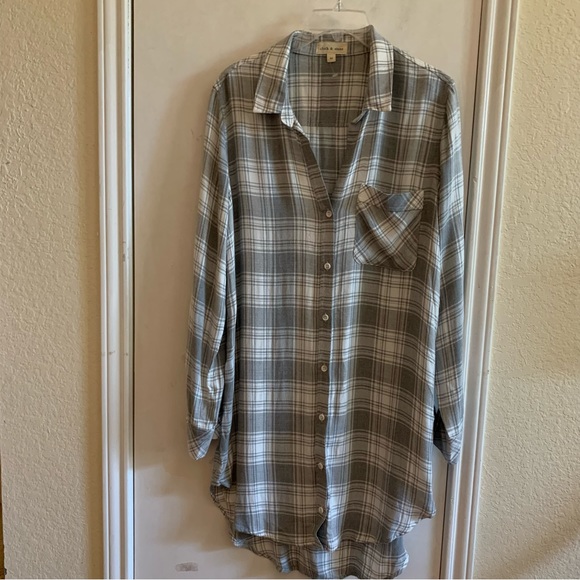 NWT Cloth & Stone long sleeves shirt dress, plaid white Heather gray, size M - Picture 2 of 8